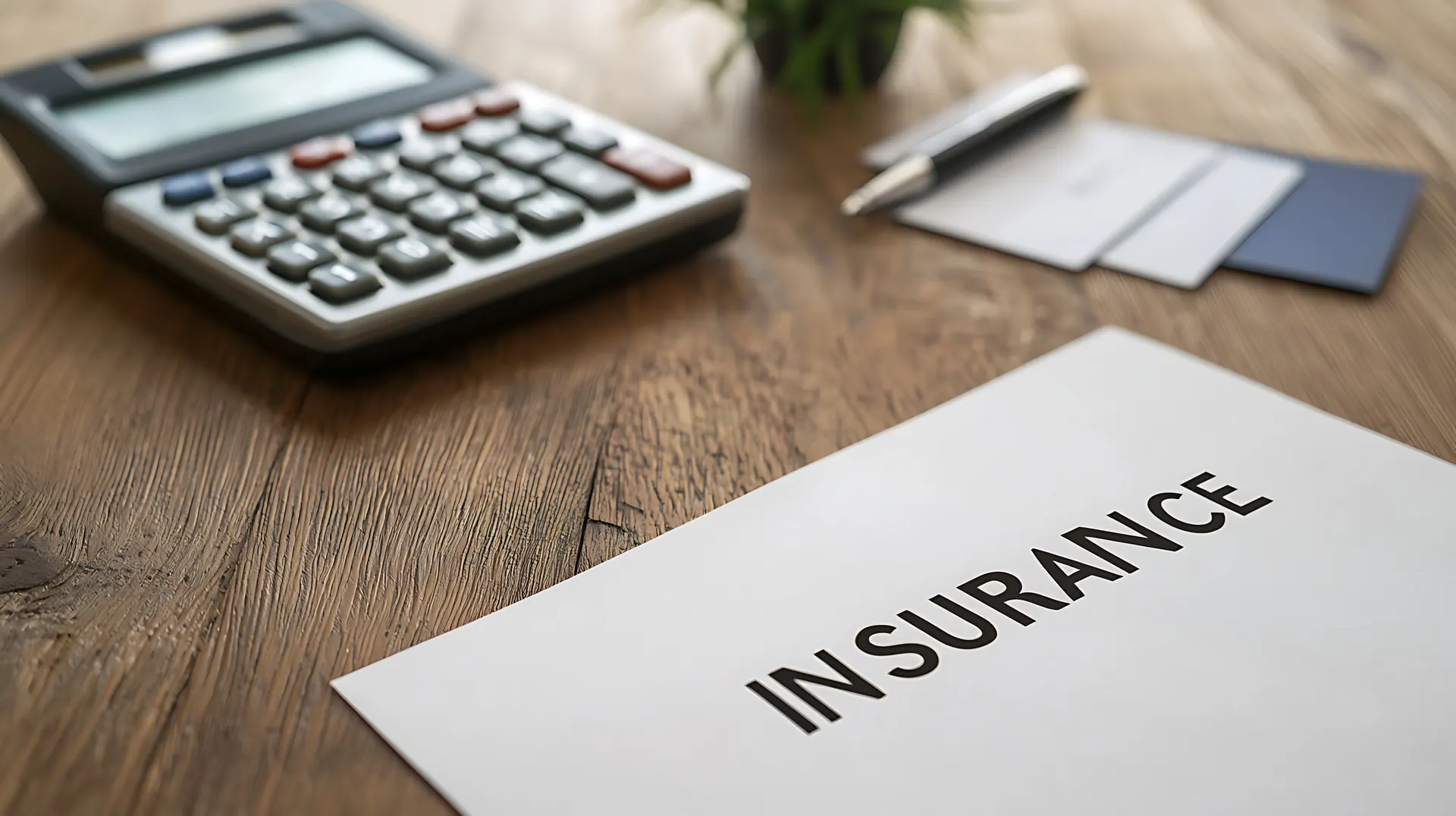 An insurance document on a desk beside a calculator and pen