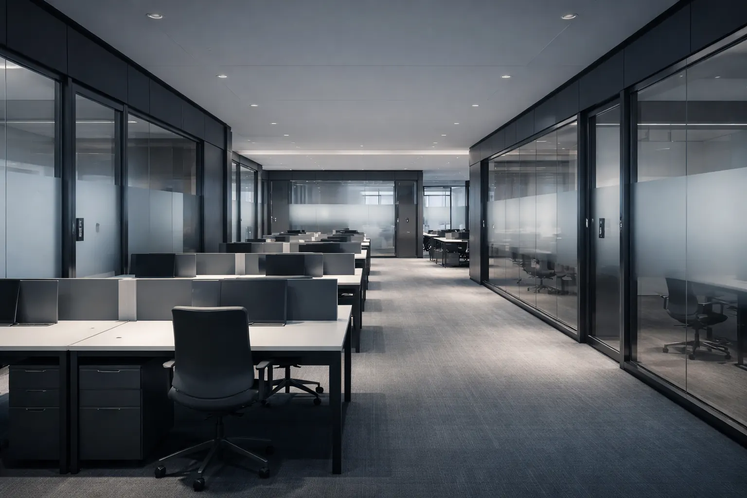 Open-plan office with workstations and glass-walled meeting rooms